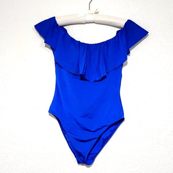 Trina Turk Monaco Solids Off Shoulder Ruffle One Piece Swimsuit 8* 6* Royal Blue - Picture 2 of 8